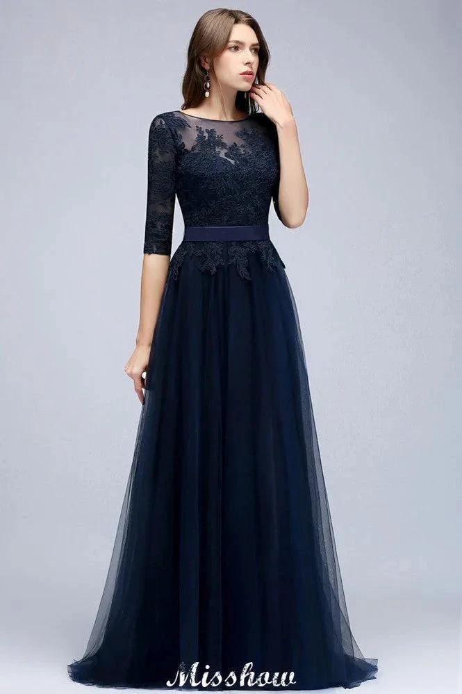 Elegant A-Line Half-Sleeves Lace Appliques Dark Navy Bridesmaid Dresses (ZD12930)