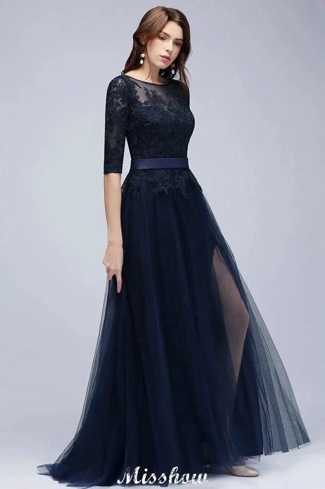 Elegant A-Line Half-Sleeves Lace Appliques Dark Navy Bridesmaid Dresses by misshow.com