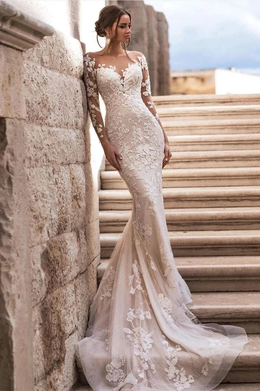 Elegant A-Line Lace Long Sleeves Wedding Dress With Detachable Train (ZD16394) - View 2 | VelvetHem