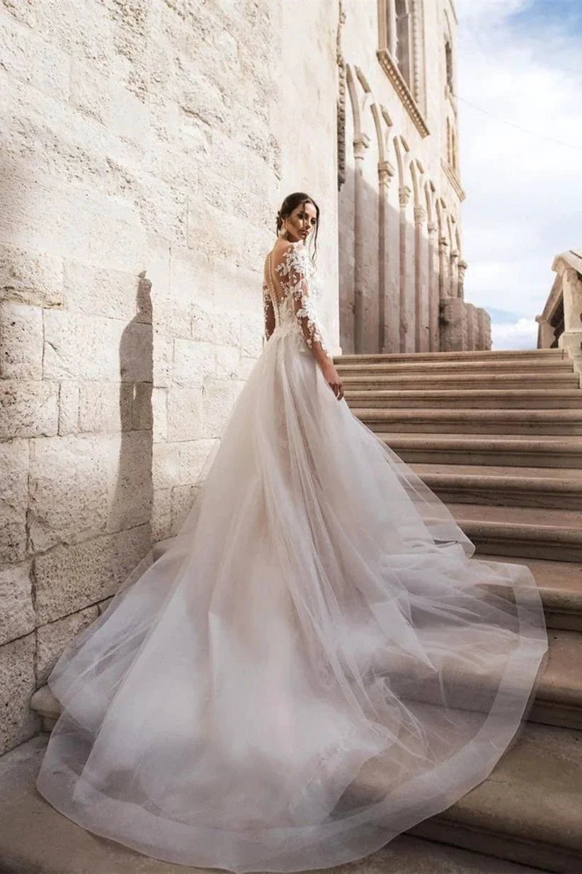 Elegant A-Line Lace Long Sleeves Wedding Dress With Detachable Train (ZD16394)