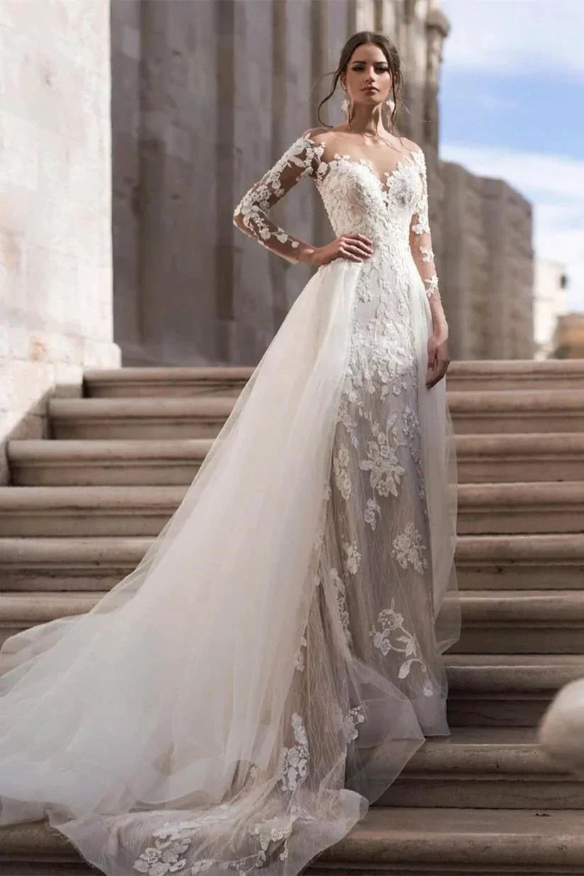Elegant A-Line Lace Long Sleeves Wedding Dress With Detachable Train (ZD16394)