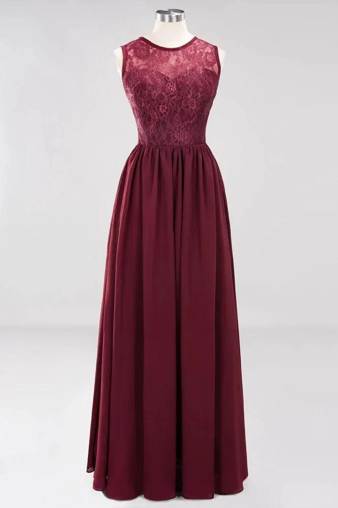 Elegant A-line Lace Sleeveless Bridesmaid Dresses Chiffon Jewel Ruffles Floor-Length Evening Dress with Appliques (ZD13093)