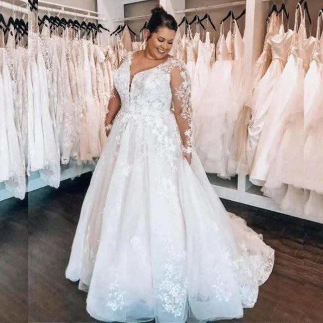 Elegant A-line Lace V-neck Plus Size wedding dresses with Long sleeves (ZD14526)
