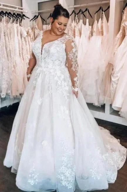 Elegant A-line Lace V-neck Plus Size wedding dresses with Long sleeves (ZD14526)