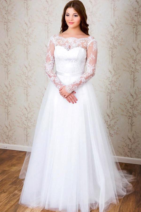 Elegant A-line Long Sleeves White Lace Wedding Dress Bridal Gowns (ZD15476)