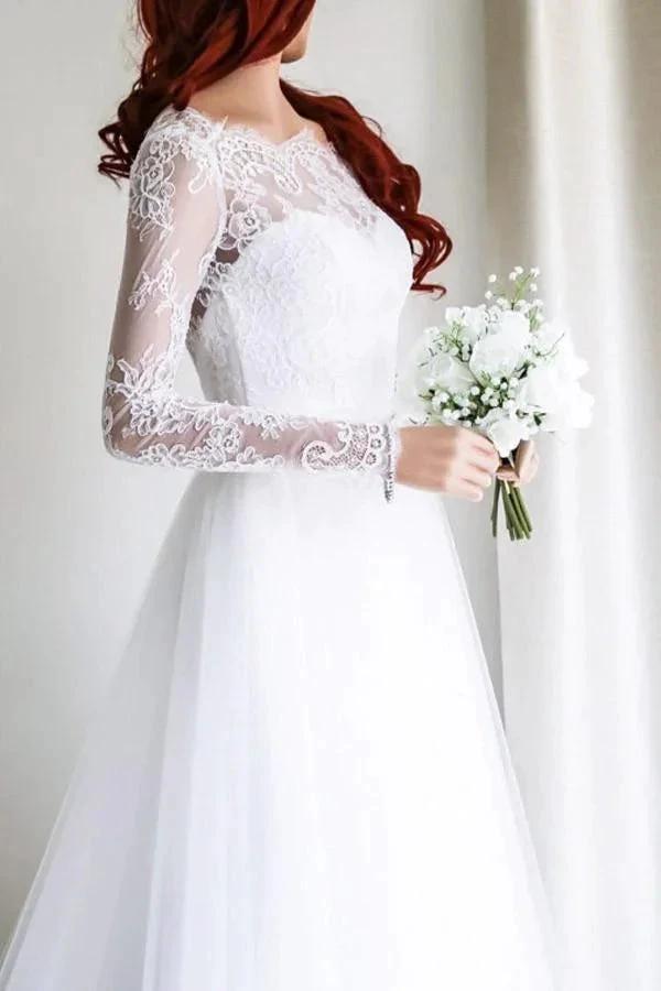 Elegant A-line Long Sleeves White Lace Wedding Dress Bridal Gowns (ZD15476) - View 3 | VelvetHem