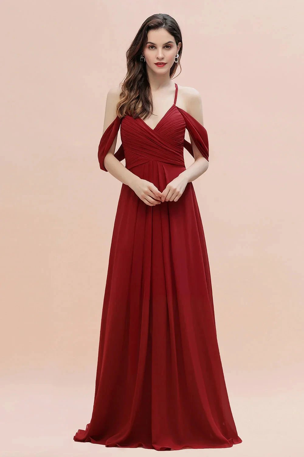 Elegant A-line Off-the-Shoulder V-neck Ruched Long Bridesmaid Dress (ZD12874)