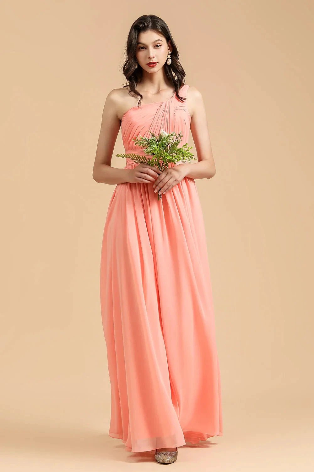 Elegant A-line One Shoulder Coral Chiffon Long Bridesmaid Dress (ZD12869)