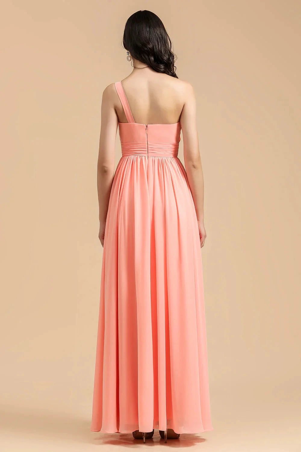 Elegant A-line One Shoulder Coral Chiffon Long Bridesmaid Dress (ZD12869)