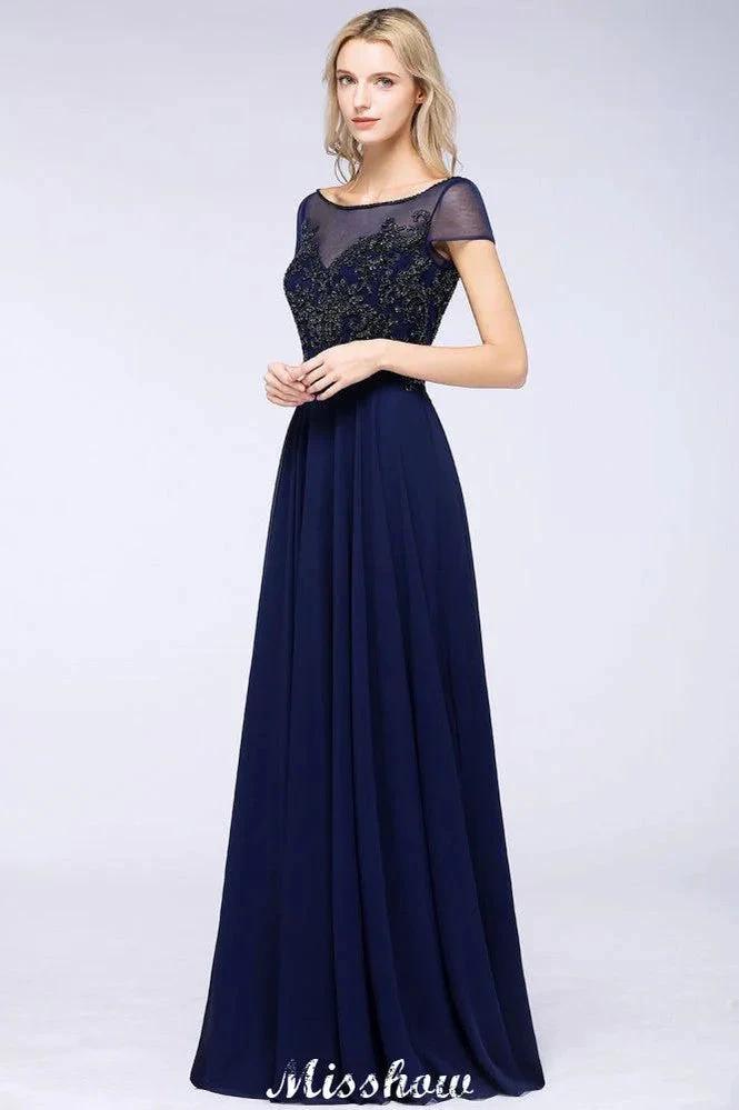 Elegant A-Line Short Sleeve Appliques Beads Bridesmaid Dresses Floor-Length Evening Dress (ZD12886)