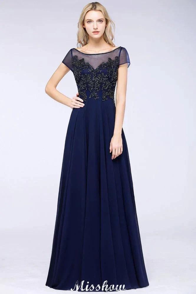 Elegant A-Line Short Sleeve Appliques Beads Bridesmaid Dresses Floor-Length Evening Dress by misshow.com