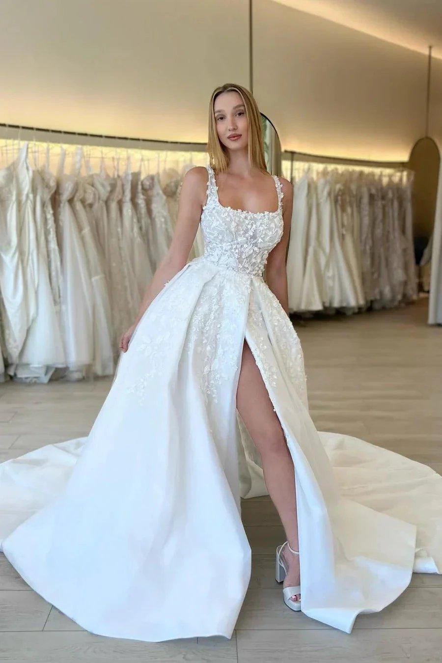 Elegant A-line Straps Flowers Sleeveless Lace Wedding Dress With Slit (ZD14548)