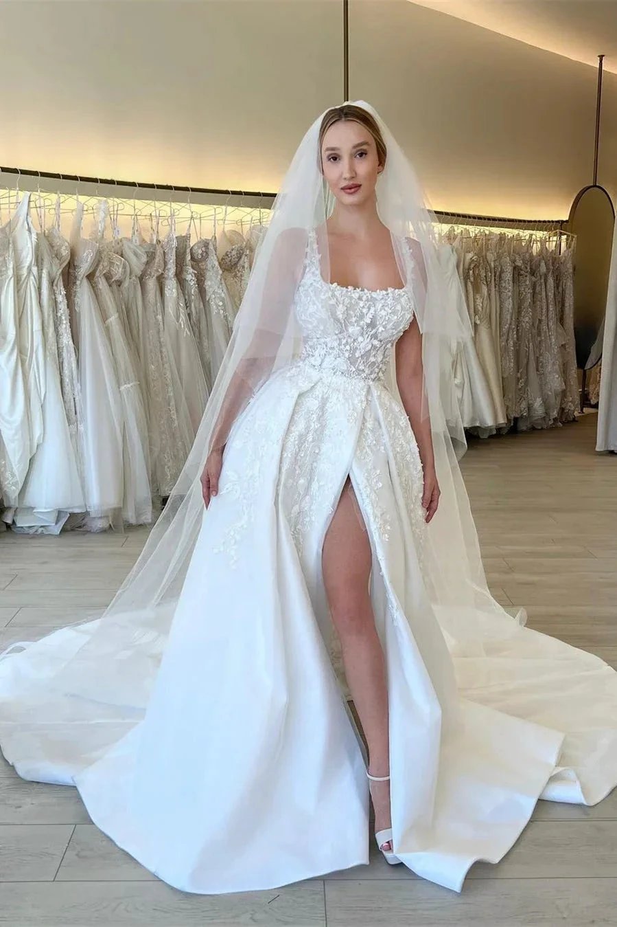 Elegant A-line Straps Flowers Sleeveless Lace Wedding Dress With Slit (ZD14548)