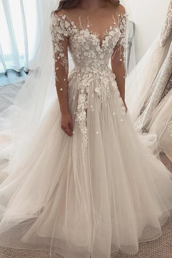 Elegant A-Line Sweetheart Long Sleeve Appliques Lace Tulle Wedding Dress (ZD15052)