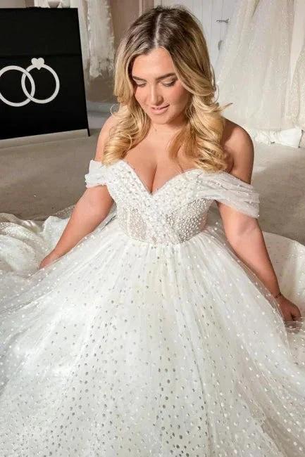 Elegant A-line White Off-the-Shoulder Pearls Sleeveless Wedding Dress (ZD14503)