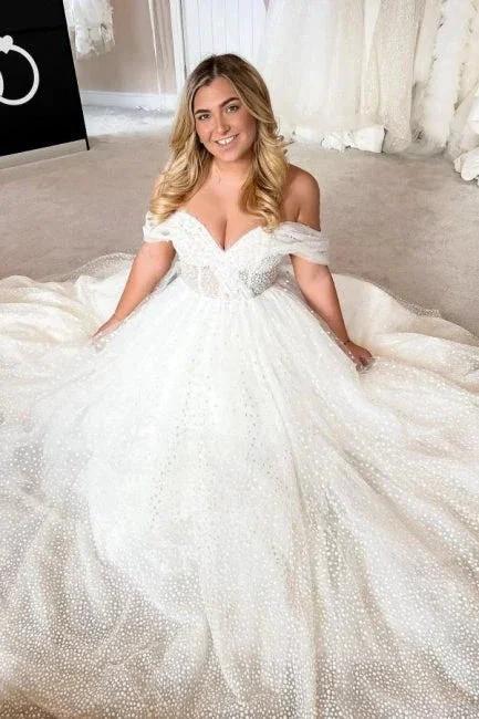 Elegant A-line White Off-the-Shoulder Pearls Sleeveless Wedding Dress (ZD14503)