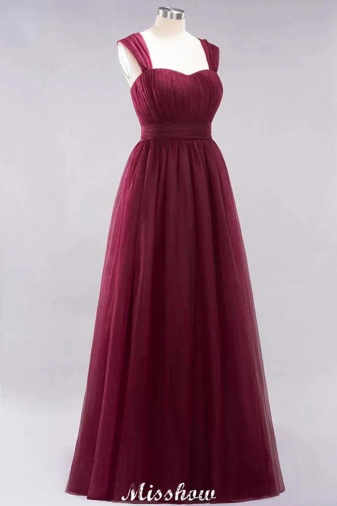 Elegant aline Sleeveless Tulle Evening Maxi Gown Burgundy Straps Bridesmaid Dress (ZD12913)