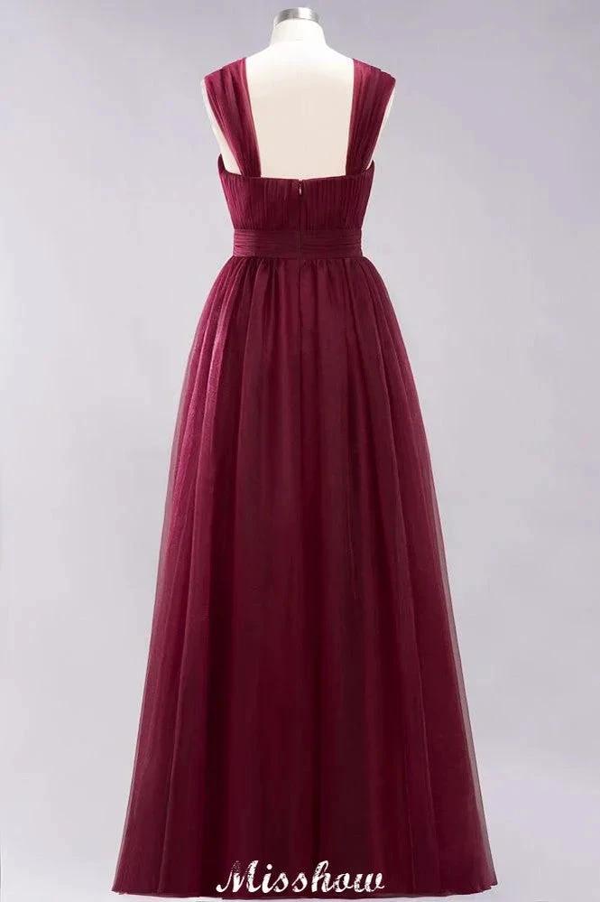 Elegant aline Sleeveless Tulle Evening Maxi Gown Burgundy Straps Bridesmaid Dress (ZD12913)