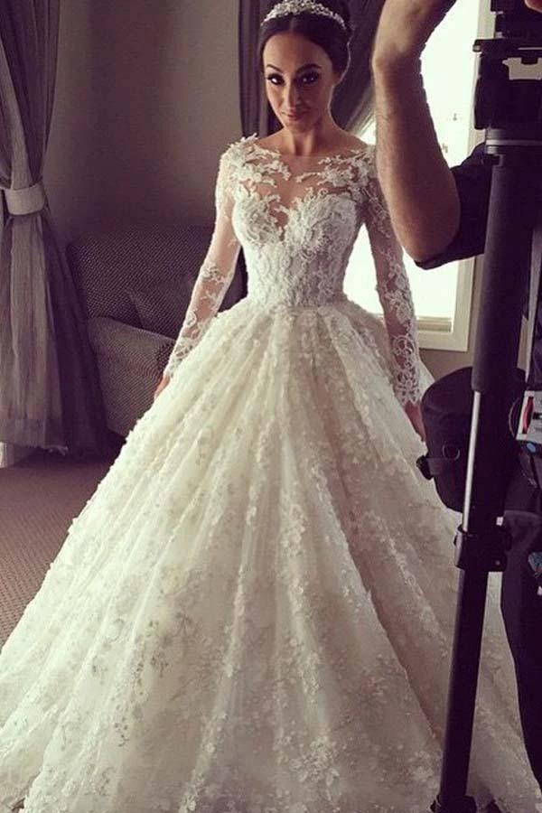 Elegant Ball Gown Lace Long Wedding Dress with Long Illusion Sleeves (ZD15407)