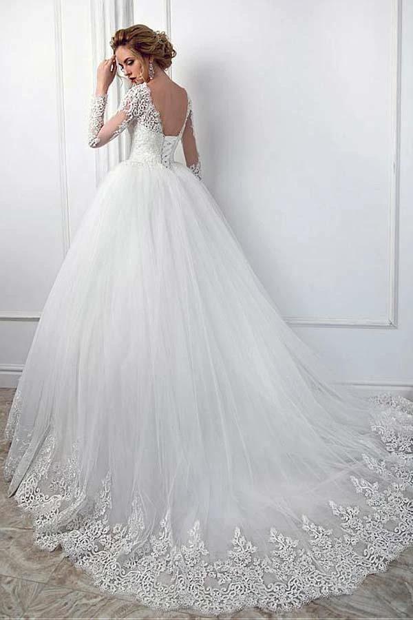 Elegant Bateau Neckline Ball Gown Wedding Dress With Lace Appliques (ZD15475)