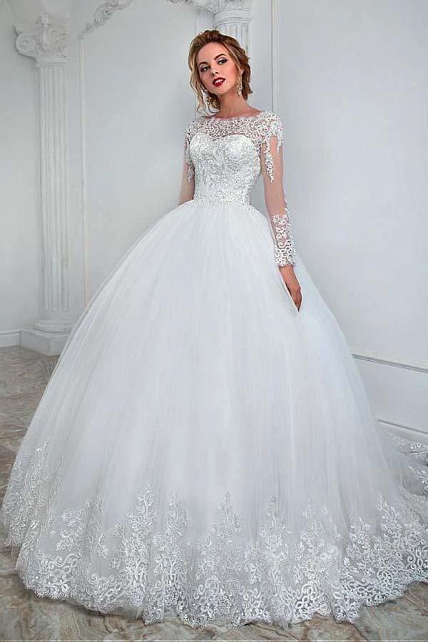 Elegant Bateau Neckline Ball Gown Wedding Dress With Lace Appliques (ZD15475) - VelvetHem