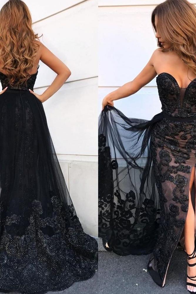 Elegant Black Sweetheart Prom Dresses Shining Beaded Side Slit Overskirt Evening Dress