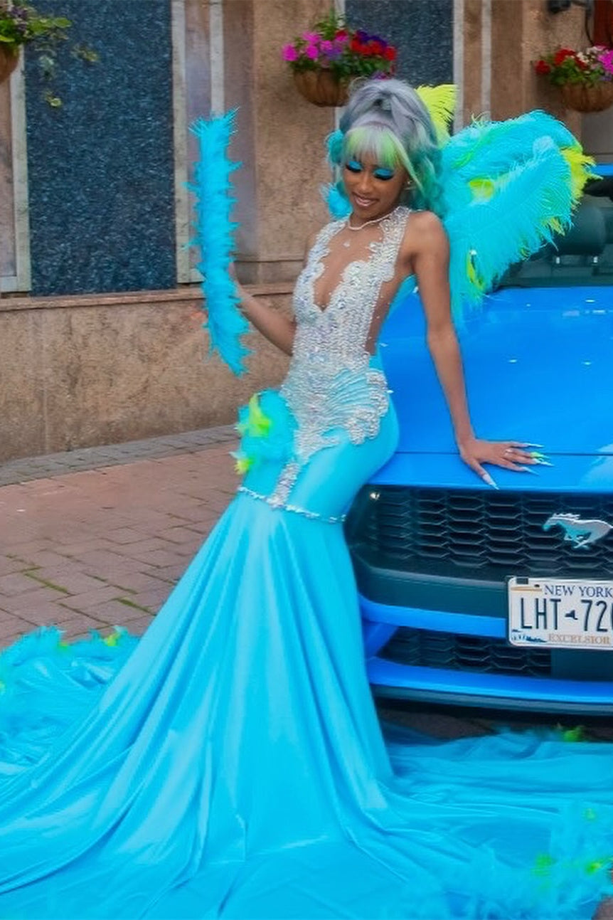 Elegant Blue Silver Sequined Feathers Mermaid Long Prom Dresses