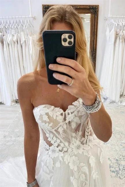Elegant Boho Long White A-line Lace Sleeveless Tulle Wedding Dresses (ZD14960)