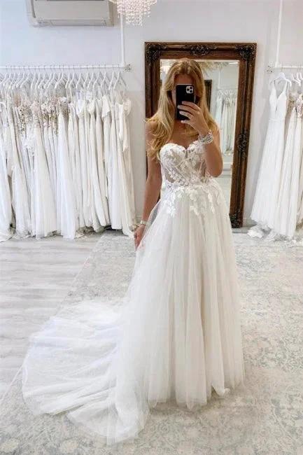 Elegant Boho Long White A-line Lace Sleeveless Tulle Wedding Dresses (ZD14960)