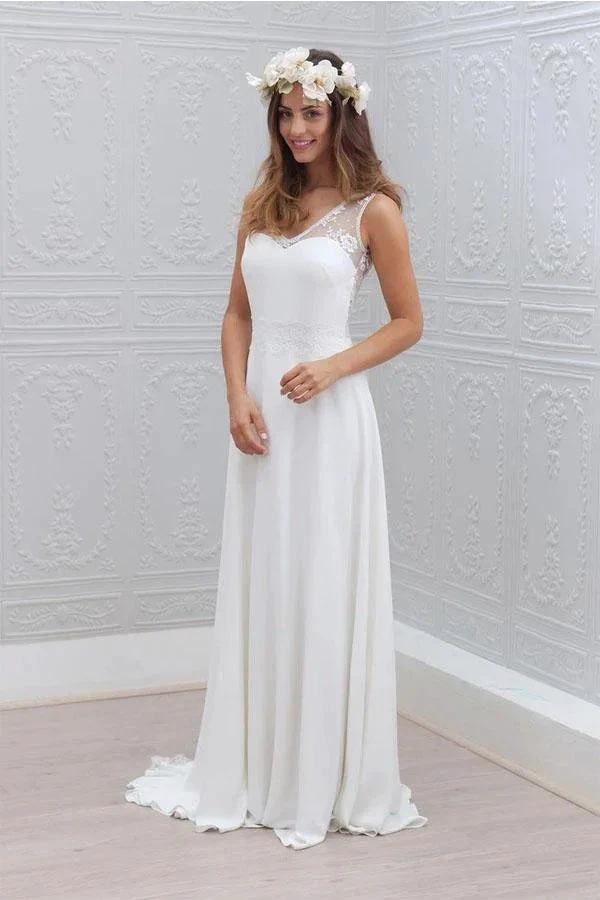 Elegant Bowknot Chiffon V-Neck Lace Sleeveless White Wedding Dress (ZD15474)