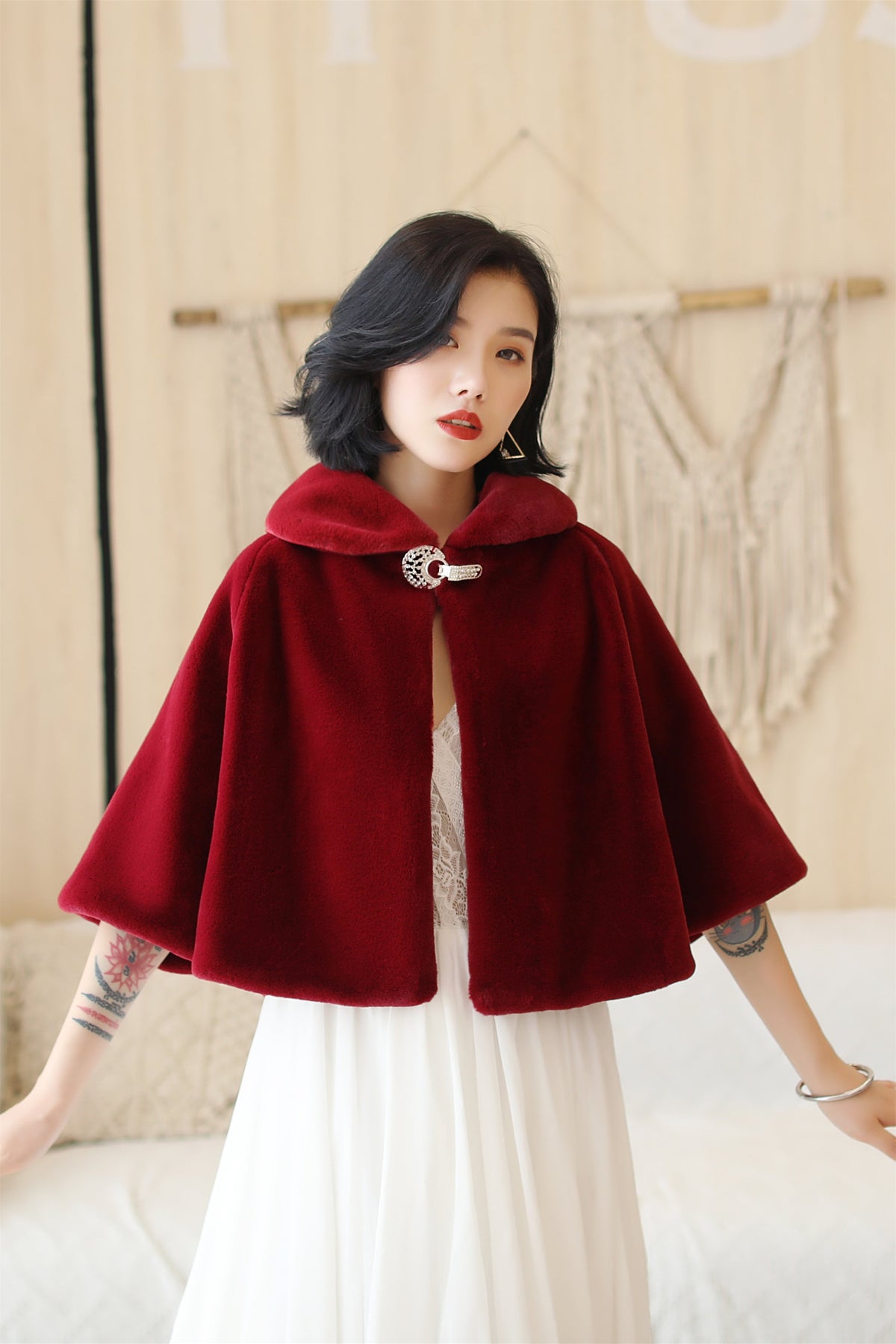 Elegant Burgundy Korean-Style Mink Cashmere Outerwear Winter Wedding Warmth Coat