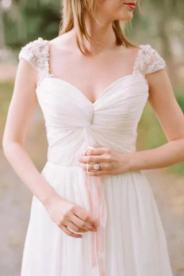 Elegant Cap Sleeve Long Chiffon Sweetheart Wedding Dress (ZD15473)