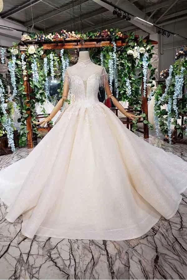 Elegant Cap Sleeves Ball Gown Beading High Neck Wedding Dress (ZD15355) - VelvetHem