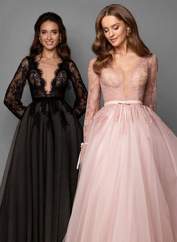 Elegant Chic A-line V-Neck Long Sleeves Lace Tulle Sweep Train Wedding Dresses Featuring Lace