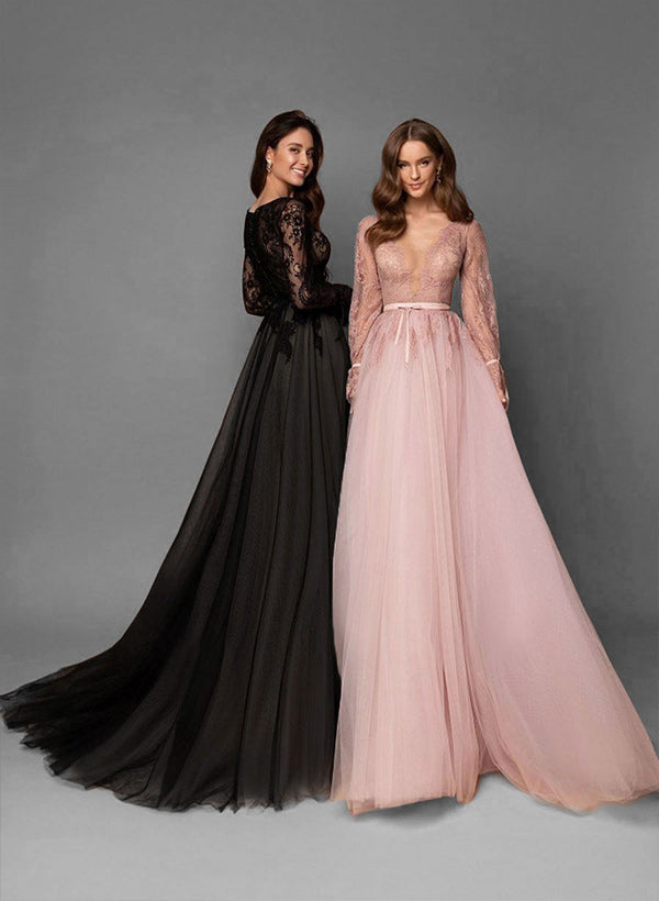 Elegant Chic A-line V-Neck Long Sleeves Lace Tulle Sweep Train Wedding Dresses Featuring Lace