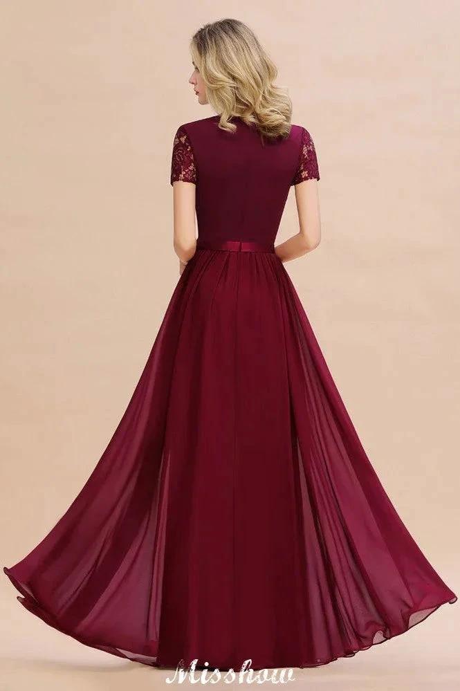 Elegant Chiffon Lace Jewel Short Sleeves Floor-Length A-Line Bridesmaid Dress (ZD12936)