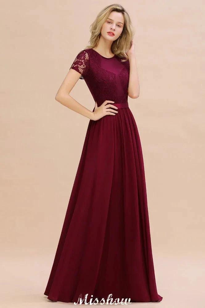 Elegant Chiffon Lace Jewel Short Sleeves Floor-Length A-Line Bridesmaid Dress (ZD12936)