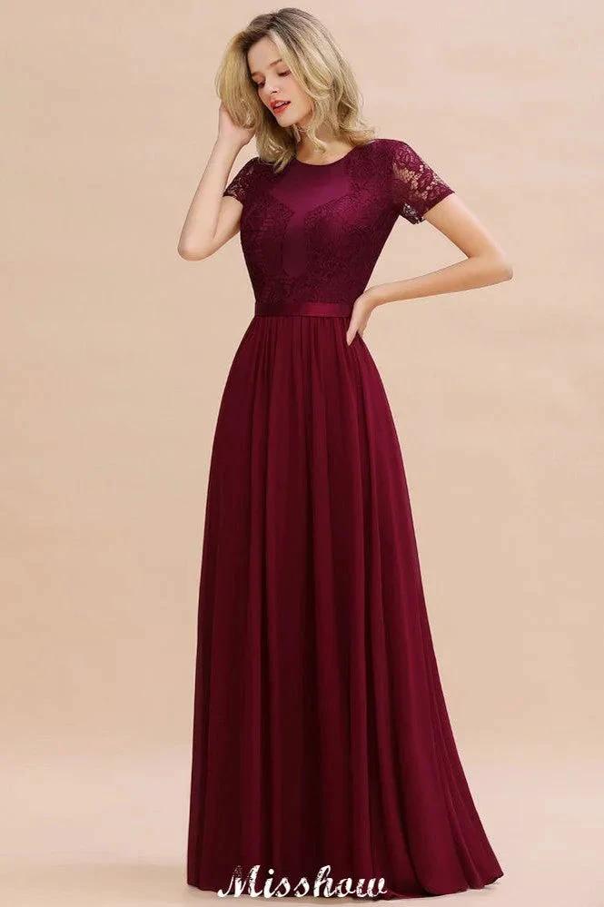 Elegant Chiffon Lace Jewel Short Sleeves Floor-Length A-Line Bridesmaid Dress (ZD12936)