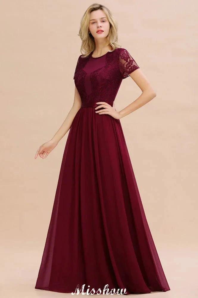 Elegant Chiffon Lace Jewel Short Sleeves Floor-Length A-Line Bridesmaid Dress (ZD12936)