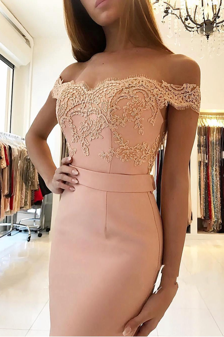 Elegant Chiffon Off-the-shoulder Lace Evening Dress Long Black Or Pink