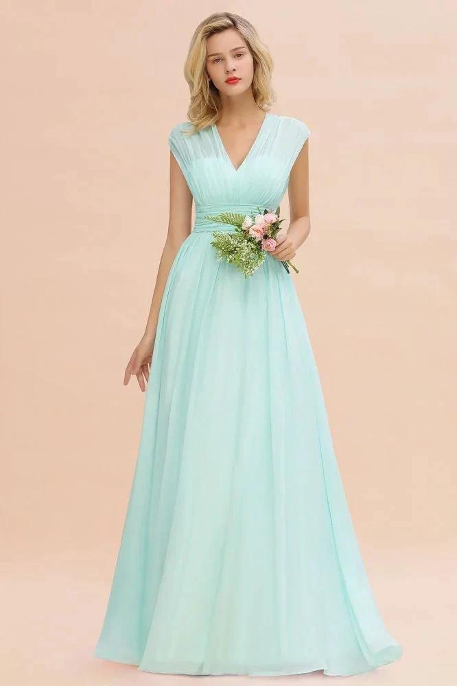 Elegant Chiffon V-Neck Sleeveless Floor-Length A-line Bridesmaid Dress with Ruffles by misshow.com