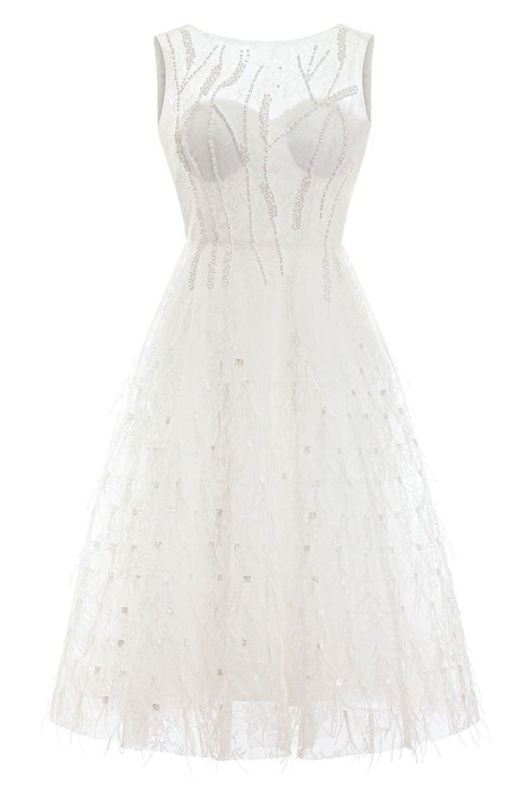 Elegant Crew Neck Sleeveless Beaded Feather Cocktail Party Midi Dress - White - Fashionpara