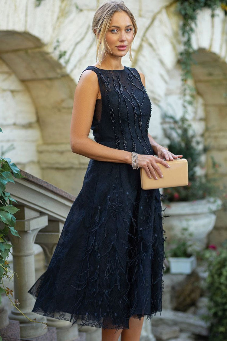 Elegant Crew Neck Sleeveless Beaded Feather Cocktail Party Midi Dress - Black - Fashionpara