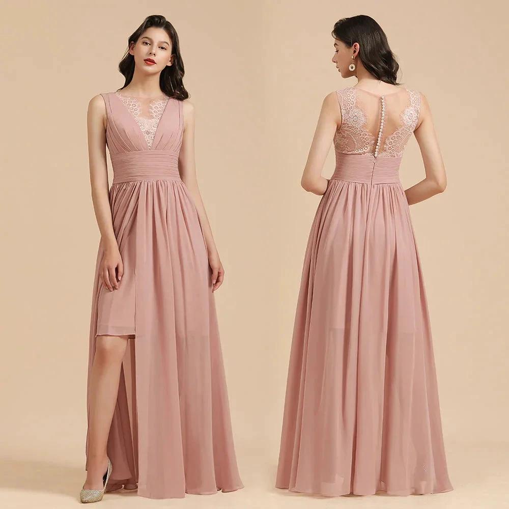 Elegant Dusty Pink Sleeveless Floral Lace Bridesmaid Dress Side Split Party Dress (ZD13095)
