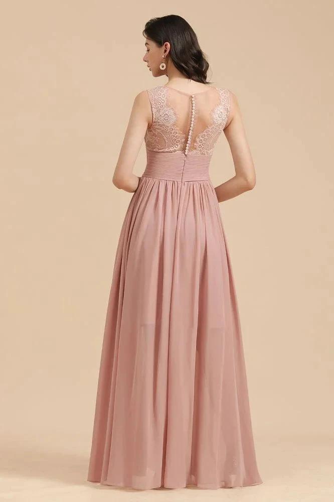 Elegant Dusty Pink Sleeveless Floral Lace Bridesmaid Dress Side Split Party Dress (ZD13095)