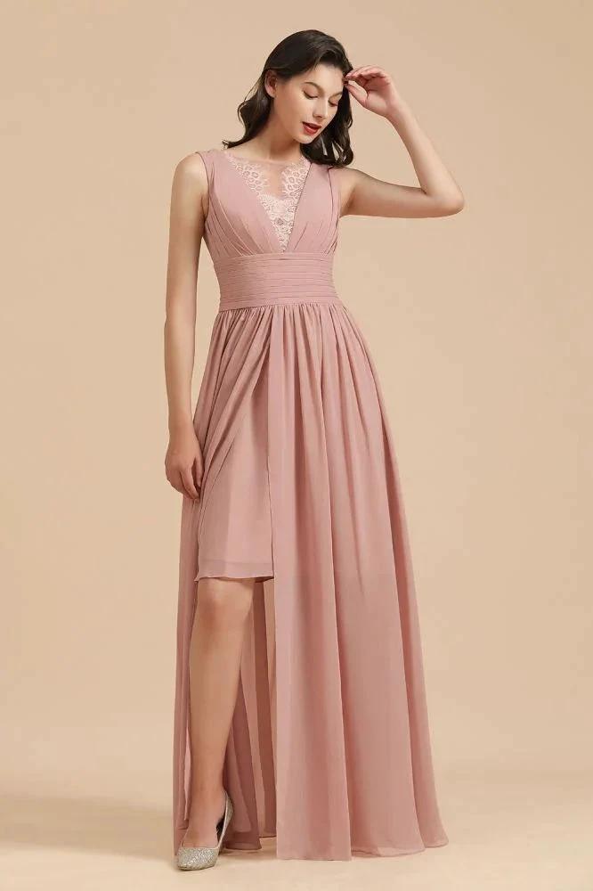 Elegant Dusty Pink Sleeveless Floral Lace Bridesmaid Dress Side Split Party Dress (ZD13095)