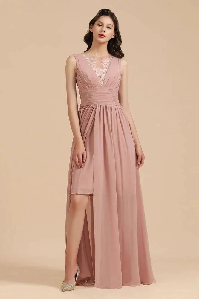 Elegant Dusty Pink Sleeveless Floral Lace Bridesmaid Dress Side Split Party Dress (ZD13095)