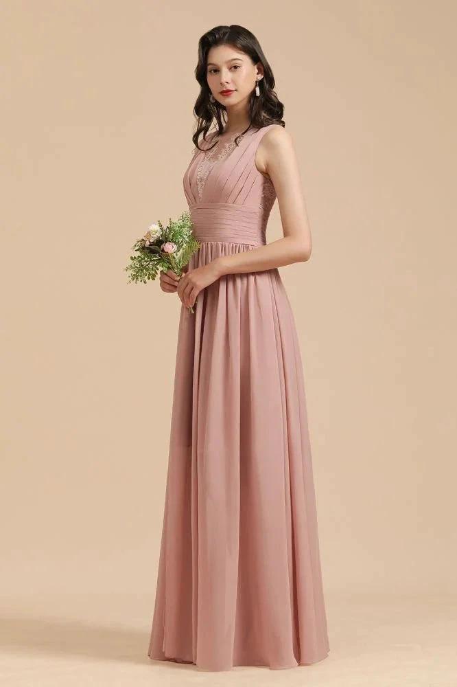 Elegant Dusty Pink Sleeveless Floral Lace Bridesmaid Dress Side Split Party Dress (ZD13095)