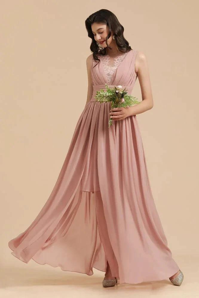 Elegant Dusty Pink Sleeveless Floral Lace Bridesmaid Dress Side Split Party Dress (ZD13095)