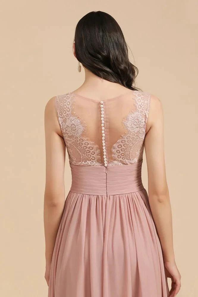 Elegant Dusty Pink Sleeveless Floral Lace Bridesmaid Dress Side Split Party Dress (ZD13095)